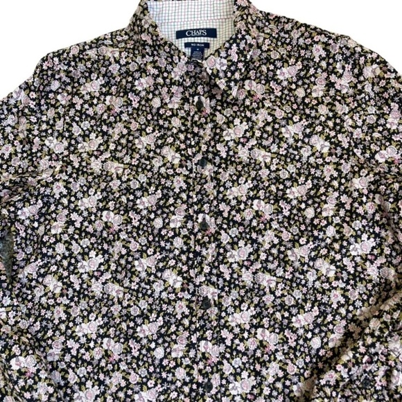 Chaps No Iron Button Down Shirt Black/Pink Ditsy Floral Contrasting Cuffs M - Picture 3 of 15